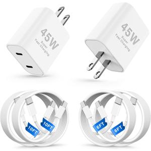 45W USB C iPhone 17 16 15 Fast Charger Block and 2x6ft/2x10ft Type C to C Cable Cord Long,Wall Charging Plug Adapter Cube Brick for Apple iPhone 17 Pro Max/17 Air/16 Pro Max/16/15 Pro/15 Plus/iPadMini (Dual Port 45W White)