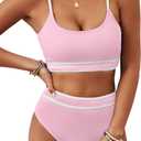BMJL Women's High Waisted Bikini Ribbed Two Piece Swimsuit High Cut Color Block Adjustable Straps Bathing Suit (Pink, S)