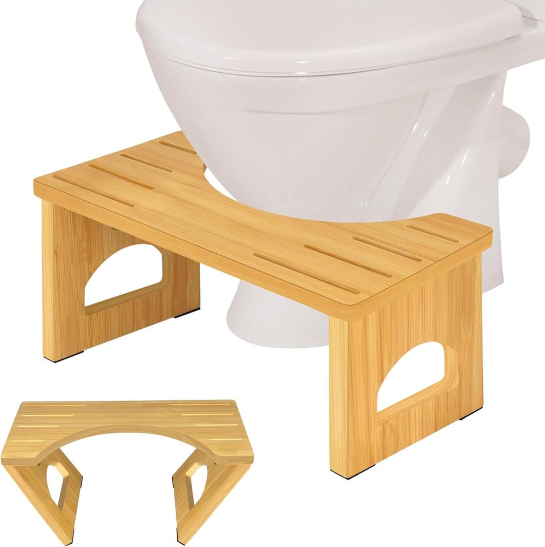 Foldable Toilet Stool, 7.5 Inch Poop Stool for Bathroom, Bamboo Toilet Stool Squat Adult, Collapsible Squatting Potty Stool with Non-Slip Strip - Improve Squatting Posture and Comfort, Wood