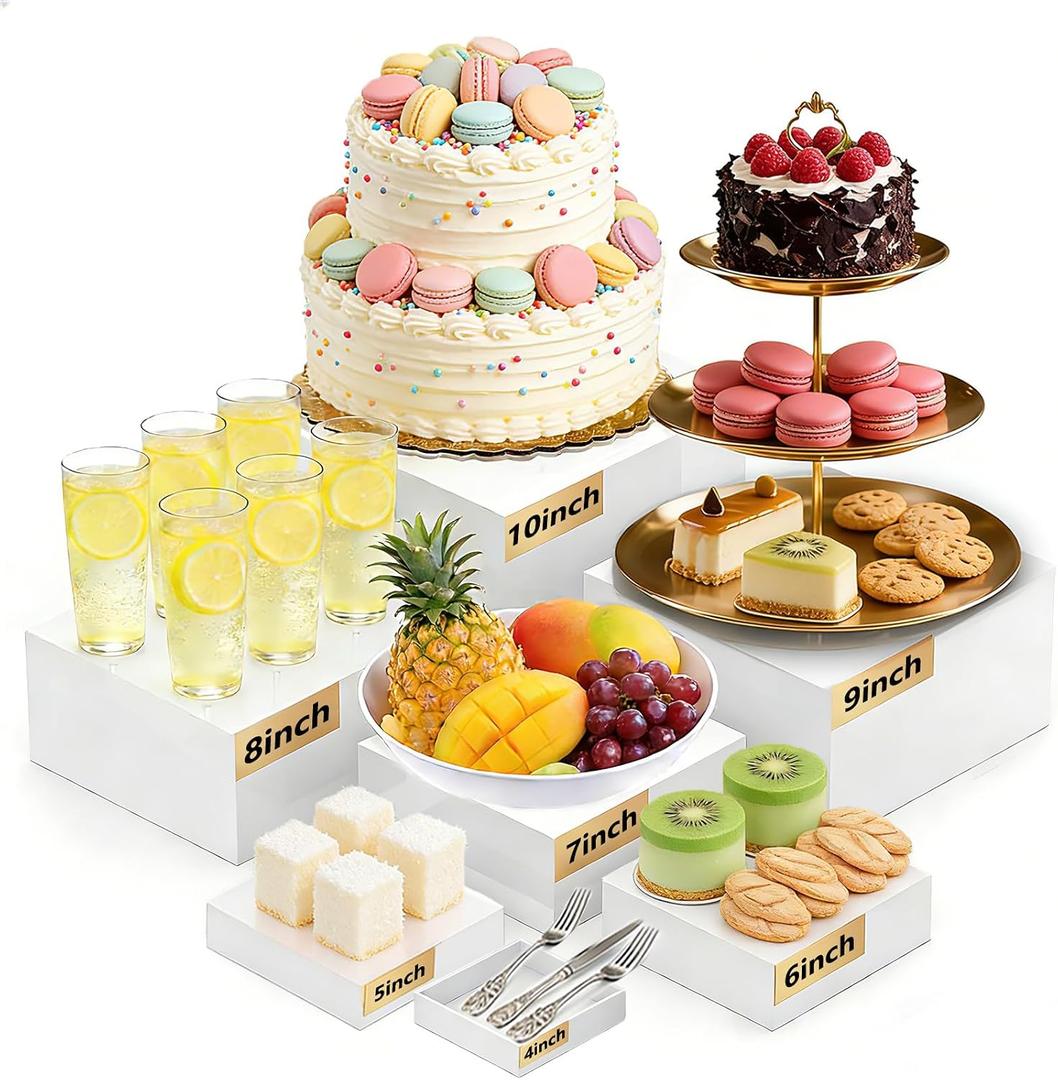 7PCS Buffet Risers Acrylic, 10" to 4" Large Tiered Display Stands for Desserts, Jewelry & Collectibles - Hollow Nesting, Easy Storage - Sturdy White Display Riser for Party, Wedding & Retail Counter