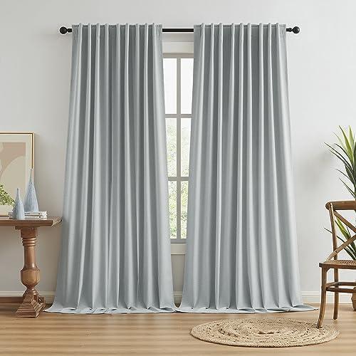 KEQIAOSUOCAI Full Blackout Linen Curtain Panels, Back Tab Rod Pocket Hook Belt Pleated Look Curtains, Energy Efficient Drapes for Living Room Patio Door Blinds Light Grey 72x108 1 Pair