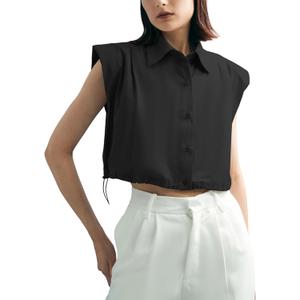 Tankaneo Womens Sleeveless Button Down Shirts Casual Loose V Neck Pad Shoulder Crop Tank Top (Small, Black)