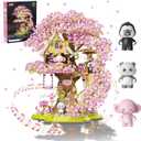 Cherry Blossom Bonsai Tree House Building Kit with LED Lights & Music Box, 1613 pcs Sakura Micro Blocks for Adults, 3 Movable Dolls DIY Craft, Home Office Decor Gift