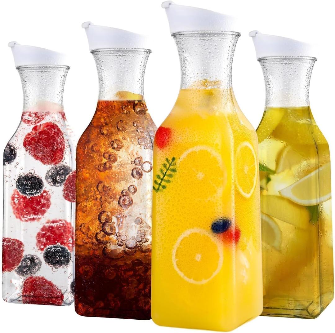 Set of 4 Plastic Carafe with Lid, 50 Oz Carafes for Mimosa Bar, Square Base Juice Containers, Water Bottle, Milk Container, Clear Beverage Containers for Fridge- HAND WASH ONLY