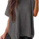 SHEWIN Womens Tops Crewneck Short Sleeve Sweater Causal Tunic Tops Lightweight Summer Sweaters for Women (Gray, M)