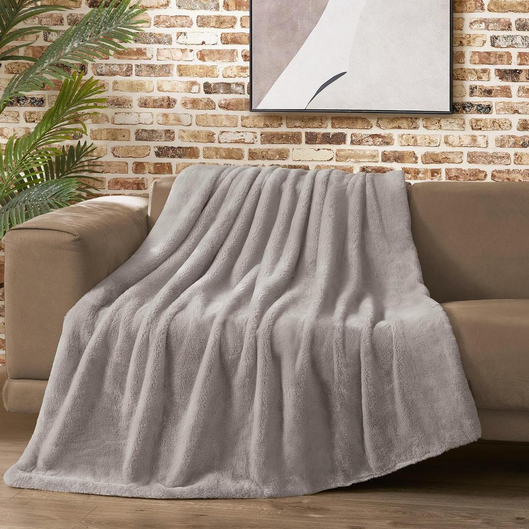 Lucky Brand Solid Rabbit Mink Faux Fur Throw Blanket, Grey Plush Faux Fur Blanket for Sofa or Bed, 50"x70", Light Gray