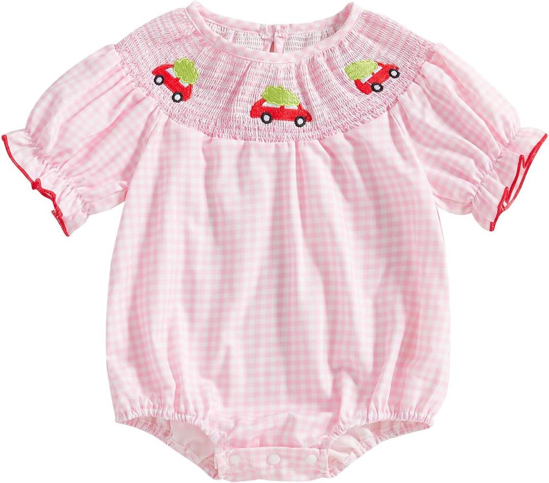 Newborn Baby Girl Smocked Thanksgiving Outfit Infant Plaid Bubble Romper Embroidery Turkey Fall Clothes (Pink)