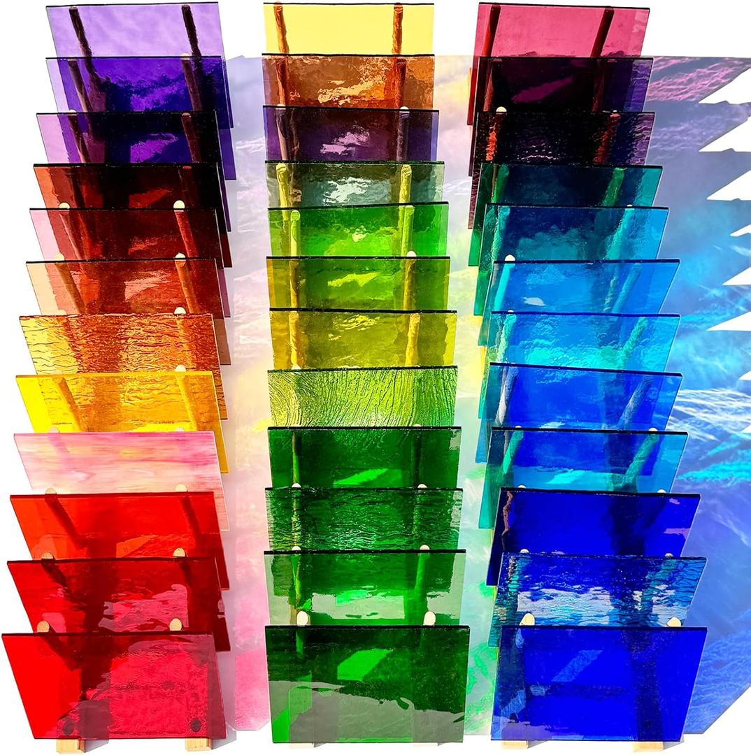 ILLUCKAI 36 Sheets Transparent Stained Glass Sheets, 6 x 4 Inch Cathedral Art Glass Mosaic Tiles Supplies, Assorted Colors for Stained Glass Projects