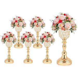 6Pcs Elegant Crystal Trumpet Metal Centerpiece Vases, Wedding Table Decoration Flower Stand Tulip Shape Decor Artificial Flower Arrangement Vase for Wedding Restaurant Vase Home Decor (Gold)