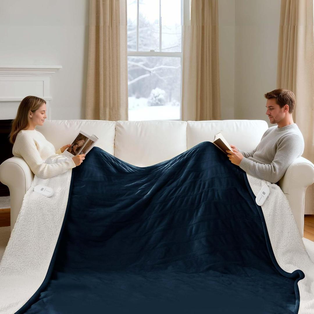 FVERWAG Heated Blanket King Size - Dual Control King Electric Blanket with 5 Heat Settings, 10 Hrs Auto Off for Bed, ETL Certified, Washable Flannel Sherpa Heating Blankets 100" x 90", Navy