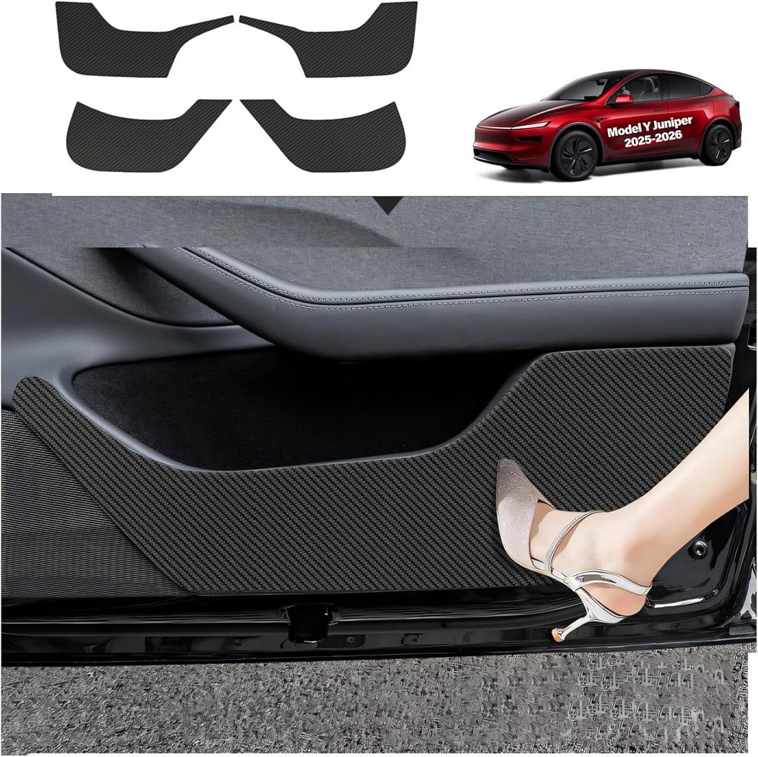 for Tesla Car Door Protector Model Y Juniper Accessories 2025-2026 Carbon Fiber Texture Door Side Protector Anti-Dirty Kick Mat Waterproof Dust Resistant Protector Cover Leather Pad 4PCS