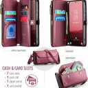 for Samsung Galaxy S25/S24 Case, Women Men Multi-Function Wallet Case with Stand RFID Blocking Featuring Magnetic Closure Zipper Includes Shoulder Strap Wrist Strap (Red)