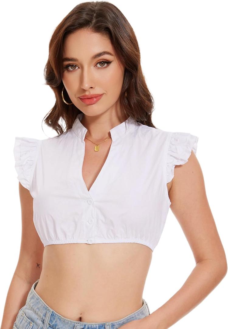 LUYANA Womens Oktoberfest Dirndl Blouse Bavarian Traditional White Dirndl Shirts Double-Layered Sleeve S-3XL