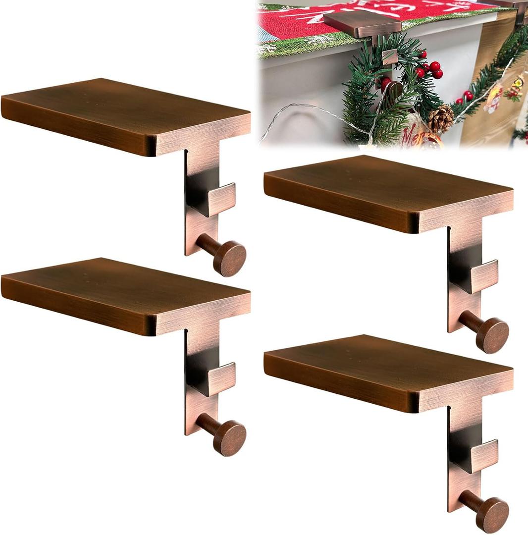 4Pcs Garland Hangers for Mantle, 2 in1 Mantle Weighted Christmas Stocking Hanging Hooks Stocking Holder with Double Sided Tape -Each Mantle Holder Has Two Hooks for Dual Purpose (Vintage Bronze-4 Pcs)