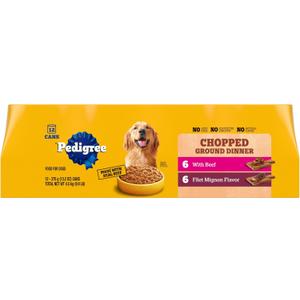 Pedigree Chopped Ground Dinner Wet Dog Food Filet Mignon & Beef Variety Pack, 13.2 oz. Cans (12 Count, Pack of 1), BB: 05/2027