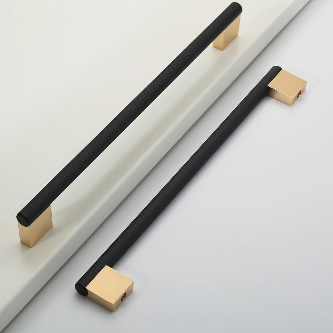 6 Pack 12.5"(320mm) Knurled Cabinet Pull Matte Black and Gold Cabinet Handles Kitchen Cabinet Drawer Pulls Cupboard Hardware for Cabinets