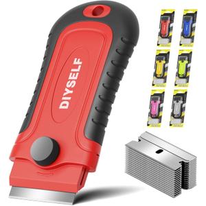 DIYSELF 1 Pack Razor Blade Scraper with 15 Extra Blades, Scraper Tool for Cleaning Window, Paint, Cooktop, Oven, Glass Stove Top Scraper, Razor Scraper with Buit-In Blade Storage (Red)