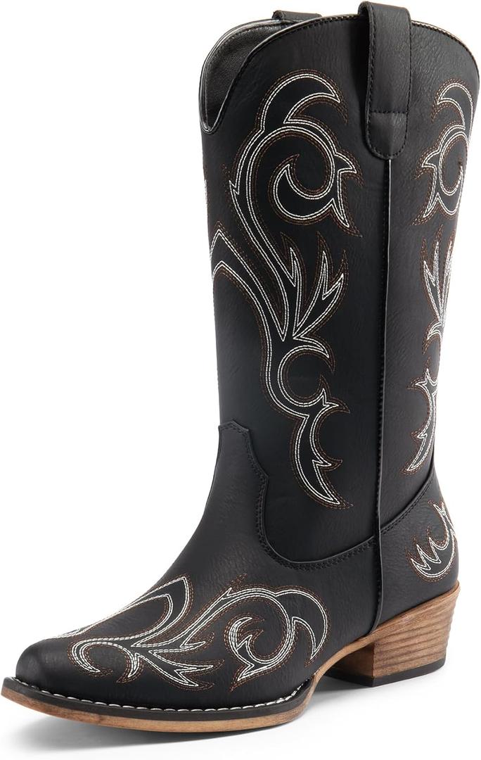 DREAM PAIRS Women's Cowboy Boots Mid Calf Cowgirl Boots Square Toe Chunky Heel Embroidery Stitched Western Boots, Size 7.5