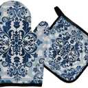 Mingnei Blue Porcelain Floral Oven Mitts and Pot Holders Set, Heat Resistant Hot Pads for Cooking Baking BBQ, Chinoiserie Flower Oven Glove Set Kitchen Decor Gifts