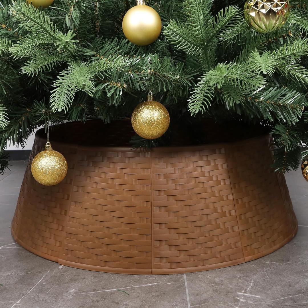 Blissun Christmas Tree Collar, 28.7" D Round Plastic Christmas Tree Ring, Christmas Tree Skirt for Artificial Christmas Trees Decoration (Brown) (Brown)