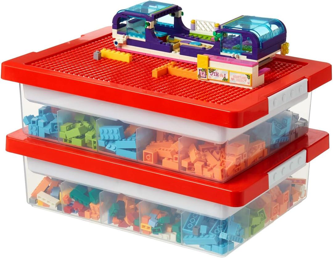 Toys Storage Organizer Box for Lego, Toy Box with Building Plate Lid and Removable Tray, Building Block Storage, Stackable Plastic Organizer Bins (LGB2-RR)