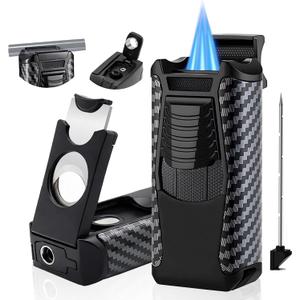 All in One Butane Torch Lighter, Triple Jet Flame Windproof Lighter Built-in Cutter, Punch, Holder, Draw Enhancer, Refillable Butane Lighter for Candles, Cool Lighters Gift for Men (No Gas)