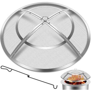 Fire Pit Spark Screen,36 Inch Fire Pit Screen Cover Stainless Steel Outdoor with Handle&Poker,Firepit Screens Cover Round Mesh Lid Heavy-Duty Steel Replacement for Backyard/Beach/RV Camping
