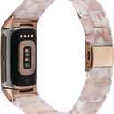 Resin Band Compatible with Fitbit Charge 6/ Fitbit Charge 5, Waterproof & Lightweight Bracelet Wristband Replacement with Stainless Steel Buckle, Fashion Strap for Fitness Tracker Women (Pink Flower)