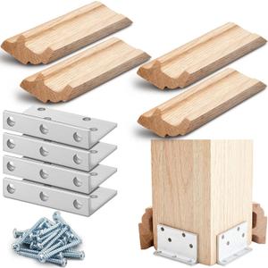Blulu 1 Set 3" Newel Post Mounting Kit 4 Pcs L Bracket Metal Post Anchor with 4 Pcs Red Oak Wood Trim Deck Base Fasteners for Fastening Handrails Balustrades to Stairs and Floors