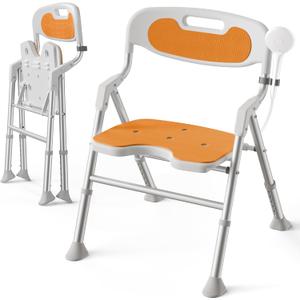 Folding Shower Chair with Arms and Back for Elderly & Disabled, 400 LBS Heavy Duty Foldable Bath Seat for Inside Shower, Tool-Free Assembly Portable Shower Stool with U-Shape Cutout Seat (Orange)