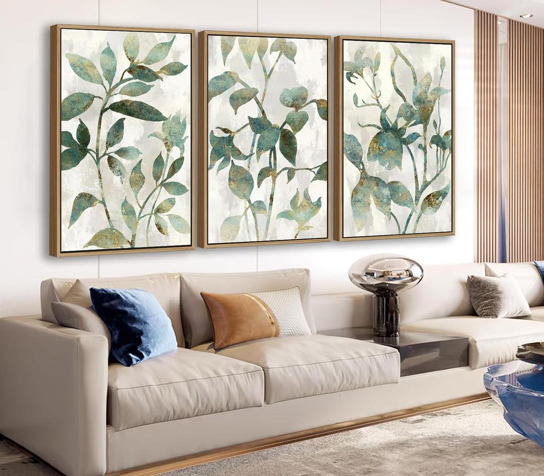 Large Framed Canvas Wall Art - Natural Float Framed Rustic Green Flowers Leaves Pictures Paintings White Grey Artwork Decor for Bedroom Living Room Kitchen Home Office Decoration 48" X 24" Set of 3, 16" X 24" X 3pieces Framed