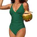 Charmo Tummy Control One Piece Bathing Suits for Women Ruched V Neck Swimsuits Strappy Monokini Green, Size X-Large