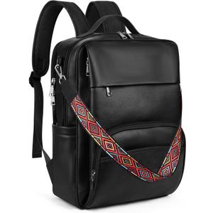 Leather Laptop Backpack, 15.6 Inch Business Computer Bag, Designer College Backpack Travel Backpack with Colorful Shoulder Bag Strap Black