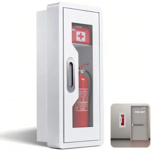 Steel Fire Extinguisher Cabinet, Magnetic Door with Acrylic Window Holds 2.5/5/10 LB Extinguisher & First Aid Kit, Semi-Recessed & Wall Mount Cabinet for Indoor/Outdoor (1PCS, White) (1, White), 9.92" W x 23.07" H x 6.61" D