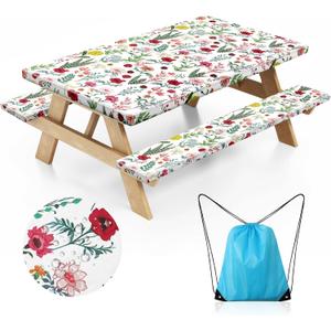 Picnic Table Cover with Bench Covers and Bag - Outdoor Camping Accessories Waterproof Camping Tablecloth with Elastic Edges Fitted Rectangle Tables and Seats