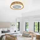 21.5" Boho Caged Ceiling Fan with Lights Farmhouse Rattan Flush Mount Fandlier Light Hanwoven Paper Rope Fan Chandelier with Remote Reversible for Bedroom Dining Study Living Room Kitchen Entry