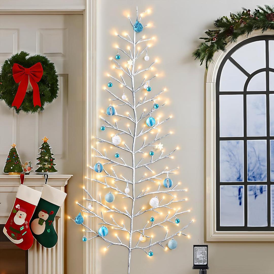 5 FT 144 LED Lighted Wall Christmas Tree with Decorative Balls, 8 Light Modes Plug in Half Christmas Tree, Hanging Flat Mounted Trees for Holiday Apartment Room (Silver, Blue and White)