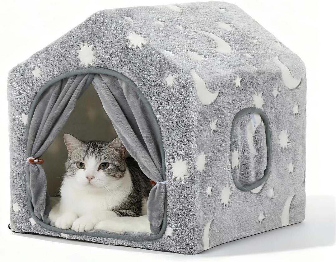 Indoor Dog House, Night-Luminous Star Dog Tent with Frame, Washable Dog Cave Bed, Suitable for 8-20 lb Puppy and Cat (Grey), Size: M (18"×18"×18")