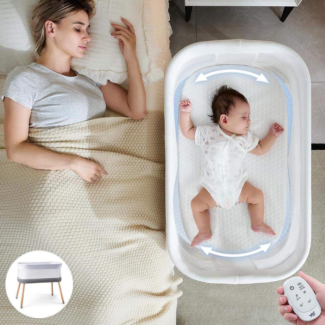 VaVaSoo Electric Bassinet for Baby 3 Rocking Speeds, Auto Bedside Sleeper with 8 Soothing Music, Rocking Bassinet for Infant, Grey