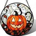 Stained Glass Window Hanging - Halloween Decorations Pumpkin Ghost Suncatcher for Doors Garden Indoor Spooky Funny Orange Sun Catchers Gothic Decor Horror Gifts for Women Men Friend 7.8 in