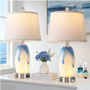 Coastal Glass Table Lamp Set of 2 with 7 Lighting Modes, 3-Color Temperature Modern Nightstand Lamp with USB A+C Port, Blue-White Nautical Bedside Lamp for Living Room Bedroom(LED Bulbs Included)