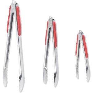 304 Stainless Steel Kitchen Cooking Tongs (9" and 12"and 14" )Set of 3 Red Handles - Metal BBQ Tongs with Locking -BBQ Outdoor Kitchen and Cooking Hot Grilled Food-Salad Vegetable Bread Tongs