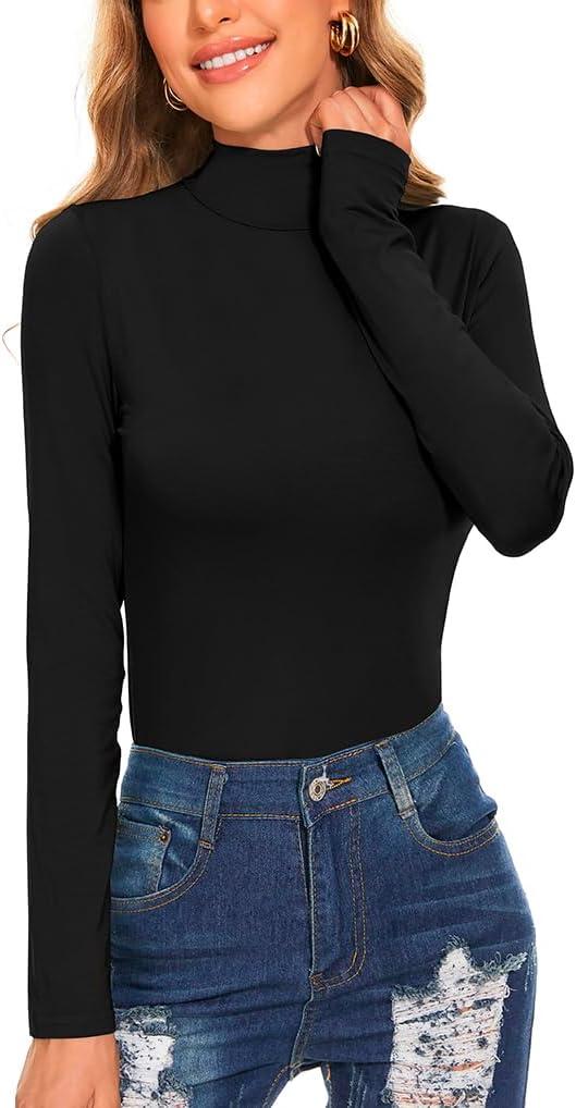 Women's Long Sleeve Mock Turtleneck Tops Casual Slim Fitted Lightweight Under Layer Pullover Shirts (Large, 0-black)