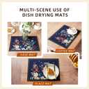Dish Drying Mat Absorbent Floral Coffee Mat Rubber Backed Soft Silicone Bird Kitchen Dish Draining Mat for Kitchen Bathroom Coffee Bar (Navy Blue, 12 x 16 Inches)