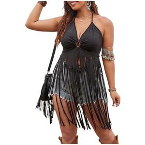 SHENHE Women's Fringe Tops Sexy Halter Neck Backless Boho Tassel Cropped Going Out Top, Size 2XL