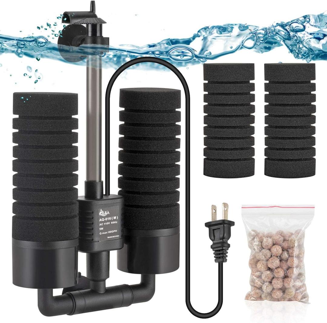 AQQA Aquarium Electric Power Sponge Filter,3W/5W Silence Submersible Foam Filter,Sponges Bio Ceramic Media Balls Double Filter for Saltwater Freshwater Fish Tank (M) (M5W for 15-55 gallon))