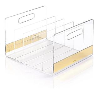 Mouchoi Modern Acrylic Desk File Organizer, Clear File Organizer, Acrylic Magazine Holder, 5 Compartments, Gold Trim