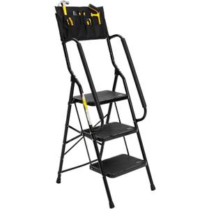 BOCOM 3 Step Ladder, Lightweight Portable Folding Sturdy Iron Step Stool with Handrails, Attachable Tool Bag, Anti-Slip Wide Pedal, Heavy Duty 350 lbs Capacity, for Home, Kitchen, Pantry, Office
