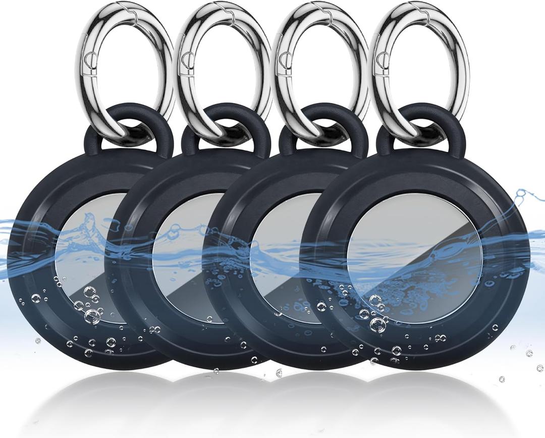 for AirTag Keychain Holder 4 Pack, Waterproof TPU Case with Holder for Apple AirTags, Shockproof, Secure Lock for Wallet, Key, Bag, Luggage, Pets(Black)