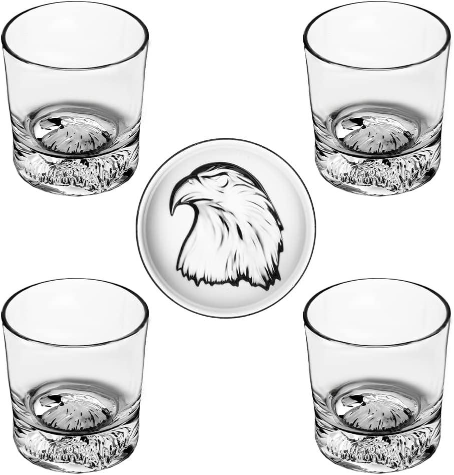 QUEEN&STONE LEAD FREE Old Fashioned Whiskey Glasses with Eagle Pattern On the Thick Weighted Bottom 10oz Set of 4 Perfect for Scotch, Bourbon Cocktails
